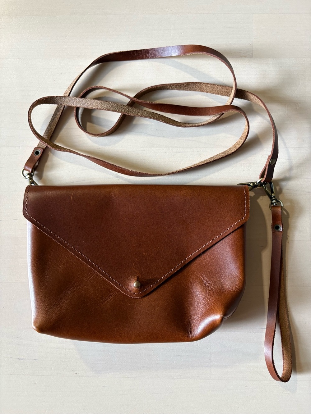 Handmade Cognac Leather Crossbody Bag Shoulder Bag Clutch Wristlet Brown